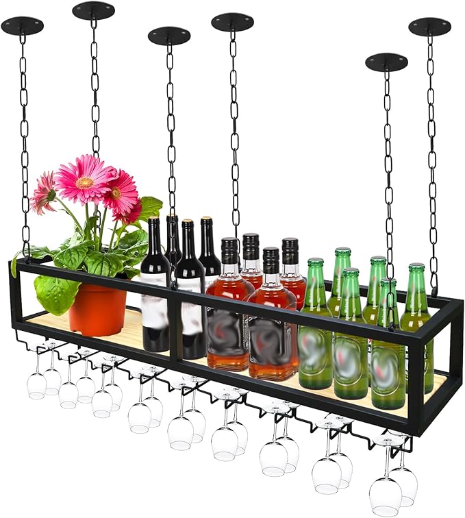 Ceiling Wine Glass Rack - Hanging Wine Rack with Glass Holder and Shelf, Height Adjustable Industrial Hanging Wine Bottle Holder, Black Metal Ceiling Shelf for Bar Cafe Kitchen (47.2×9.8×8.6in)