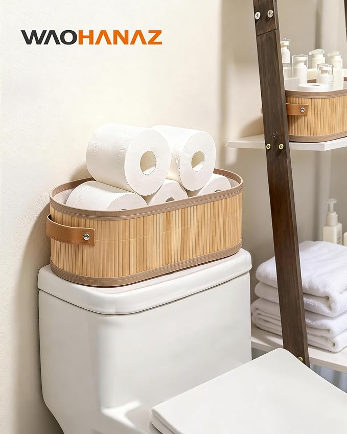 Toilet Paper Storage Basket Bathroom Counter Organizer Bamboo Baskets for Organizing, with Lid & Handels-Decorative Storage Set, 2-Pack