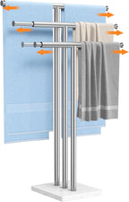 ELYKEN Standing Towel Racks for Bathroom, 3-Tier Floor Towel Holder Stand with Weighted Marble Base, Freestanding Bath Towel Rack, Width Adjustable & Stainless Steel Brushed Finish