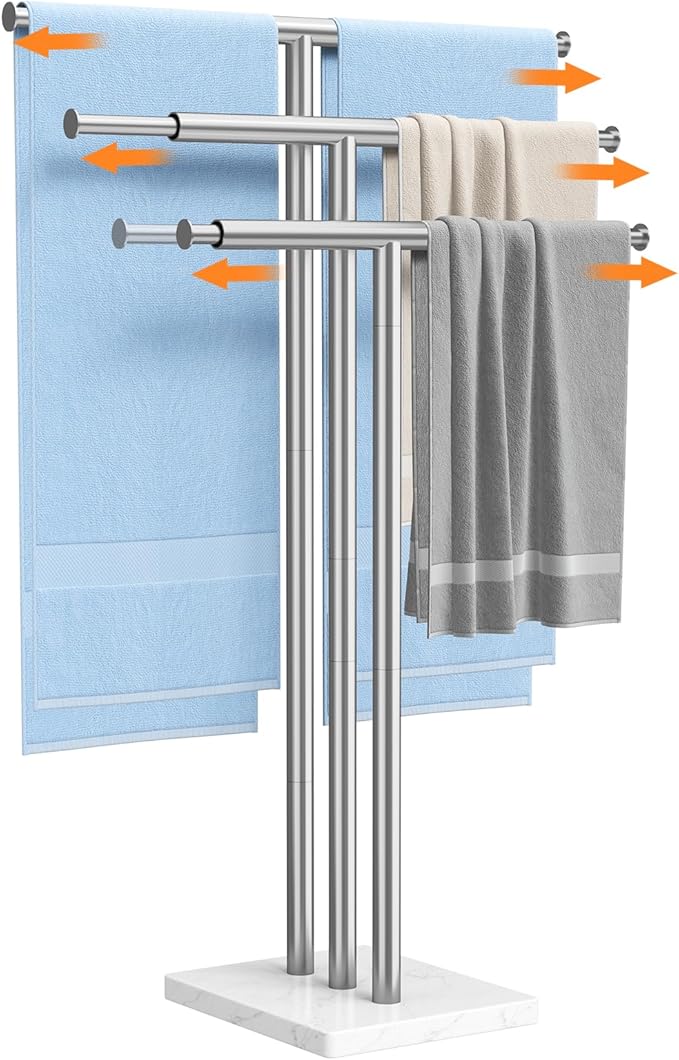 ELYKEN Standing Towel Racks for Bathroom, 3-Tier Floor Towel Holder Stand with Weighted Marble Base, Freestanding Bath Towel Rack, Width Adjustable & Stainless Steel Brushed Finish