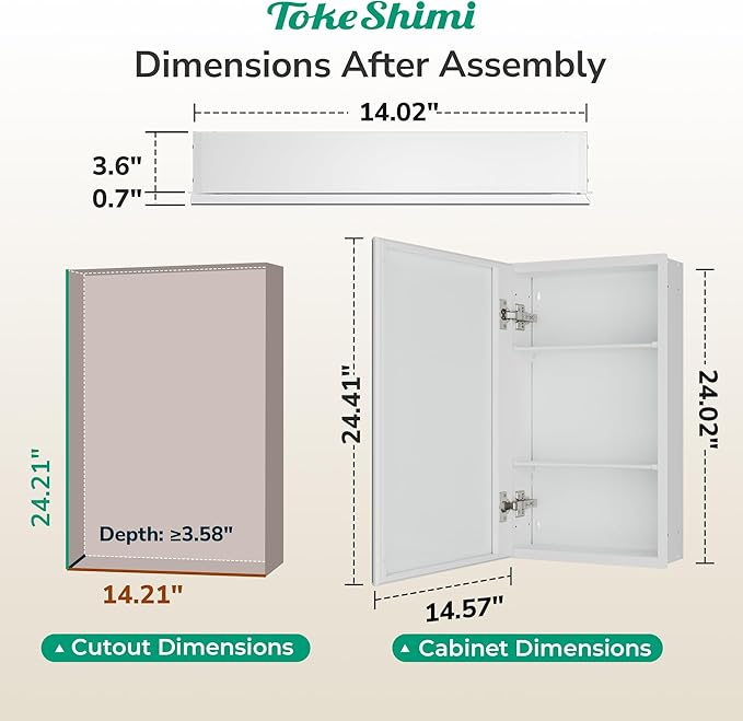 TokeShimi 14 x 24 Medicine Cabinet with Mirror, Assembly Required, White Recessed Bathroom Medicine Cabinet with Tempered Beveled Mirror, Stepless Adjustable Shelves, DTC Hinge