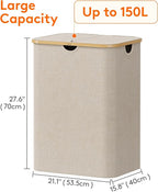 Lifewit 150L Laundry Basket with Lid, Clothes Hampers for Laundry with Bamboo Handles and 2 Removable Bag, Large Foldable Laundry Hamper for Bedroom, Bathroom, Dorm, Laundry Room, Beige