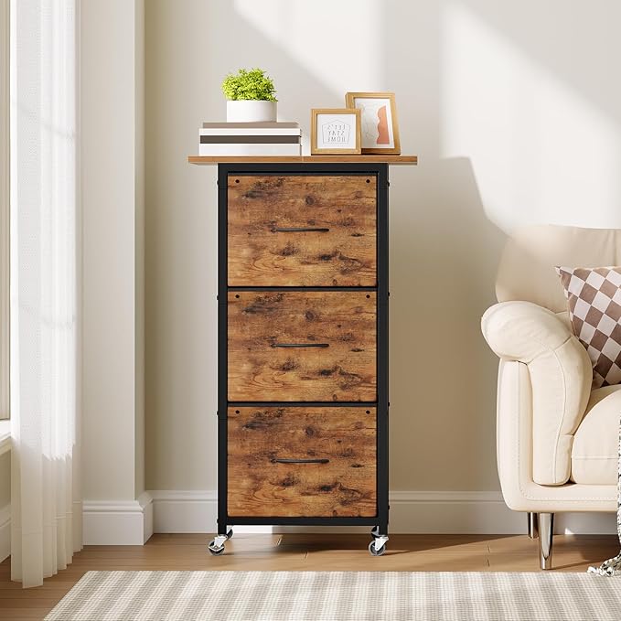 3 Drawer File Cabinet, Vertical Filing Cabinet with Wheels, Printer Stand with Non-Woven Fabric Drawer, Adjustable Hanging Rods, fits A4/Letter Size, for Home Office, Rustic Brown FCHR5901