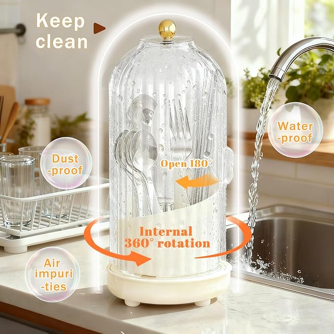 Kitchen Utensil Holder with Sliding Lid and Draining Tray, Self Draining 360° Rotating 3-Slot Kitchen Countertop Organizer Cooking Utensil Crock for Flatware Chopsticks Spoon Spatula Cutlery (White)