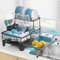 GSlife Large 2 Tier Dish Drying Rack, Expandable Heavy-Duty Dish Rack for Kitchen Counter, Rust-Resistant Dish Drainer with Utensil & Cup Holder, Auto-Drain, 16.9" W x 14.4"-22.4" L, Black