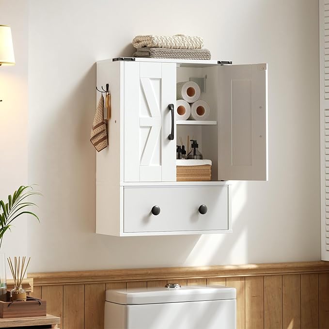 Bathroom Wall Cabinet, Medicine Cabinet with Fabric Drawer, Double-Door Wall Mounted Storage Cabinet, 2 Hooks, Over The Toilet Space Saver Storage Cabinet, for Bathroom, Kitchen, White