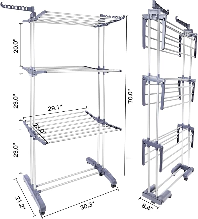 Clothes Drying Rack Foldable Drying Rack Clothing,Oversize 4 Tier(70" High) Clothes Horses Stainless Steel Laundry Drying Rack with Collapse Base& 24 Poles for Clothing&Bed Linen,Gray