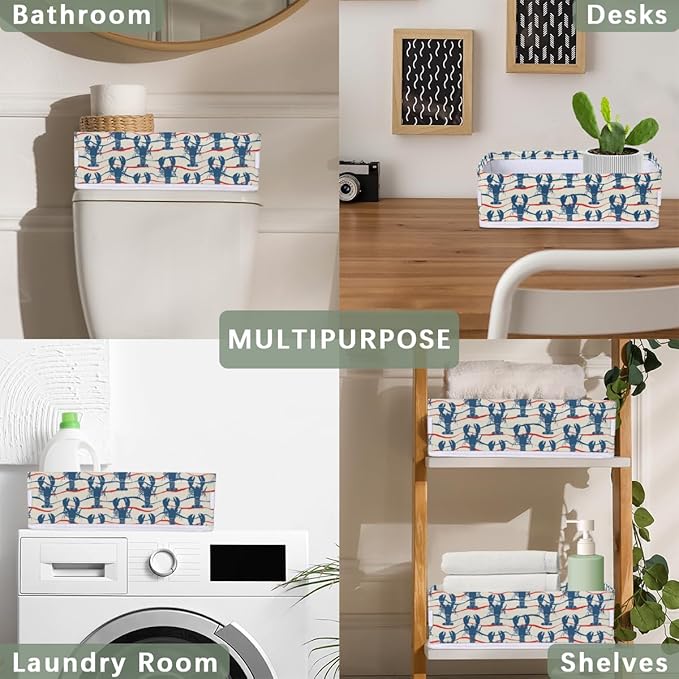 Lobster Pattern Bathroom Basket Foldable Toilet Tank Topper Paper Basket Waterproof Fabric Storage Organizer Bins Decorative Open Storage for Home Closet Containers Cabinet Set of 2