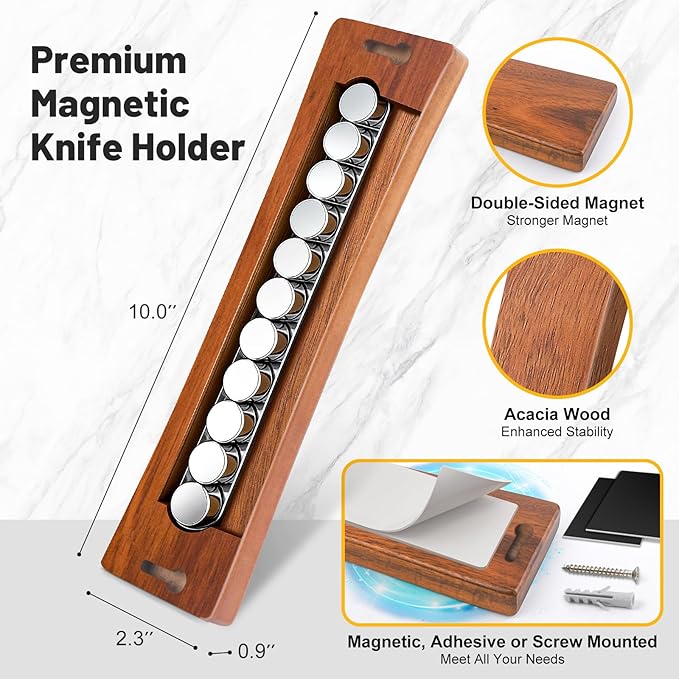 Knife Magnetic Strip, Acacia Wood Magnetic Knife Holder for Wall Mount Fridge Refrigerator, Knives Magnet Bar Tool Utensils RV Utensil Holder Metal Kitchen Rack Holder Organizer Accessories 10 Inch