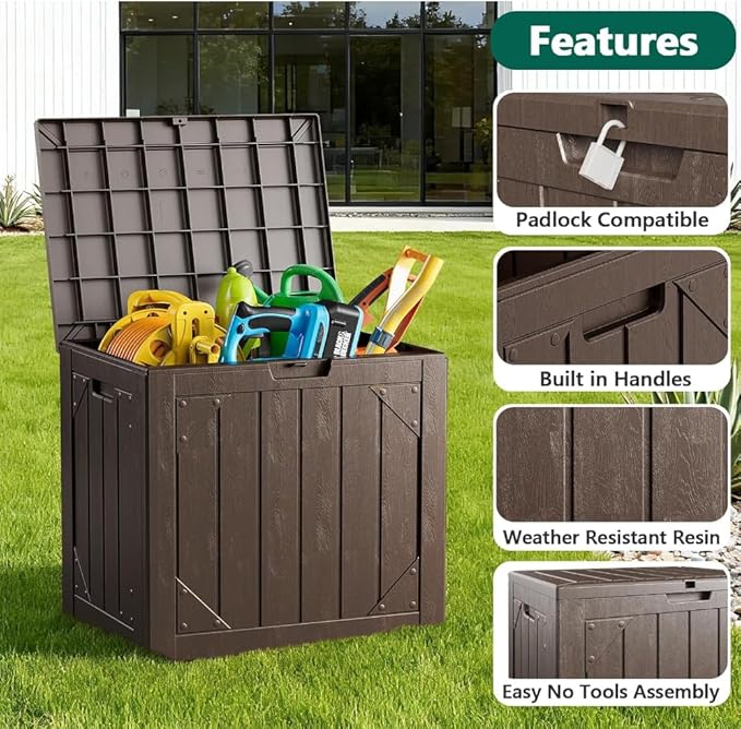 Outdoor Storage Box - 31 Gallon Waterproof Resin Deck Box, Lockable Patio Storage Bench for Package Delivery, Cushions & Garden Tools, UV Resistant (Brown, 31 Gal)