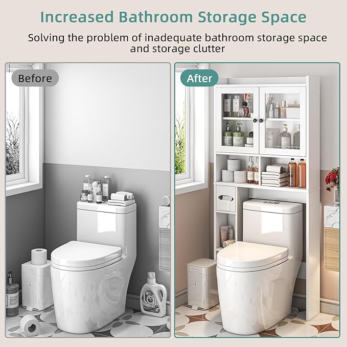 Over The Toilet Storage Cabinet with Clear Doors, Behind Toilet Organizer with Toilet Paper Holder Stand, Above Toilet Shelf, Space Saver for Bathroom, Laundry, Restroom, White