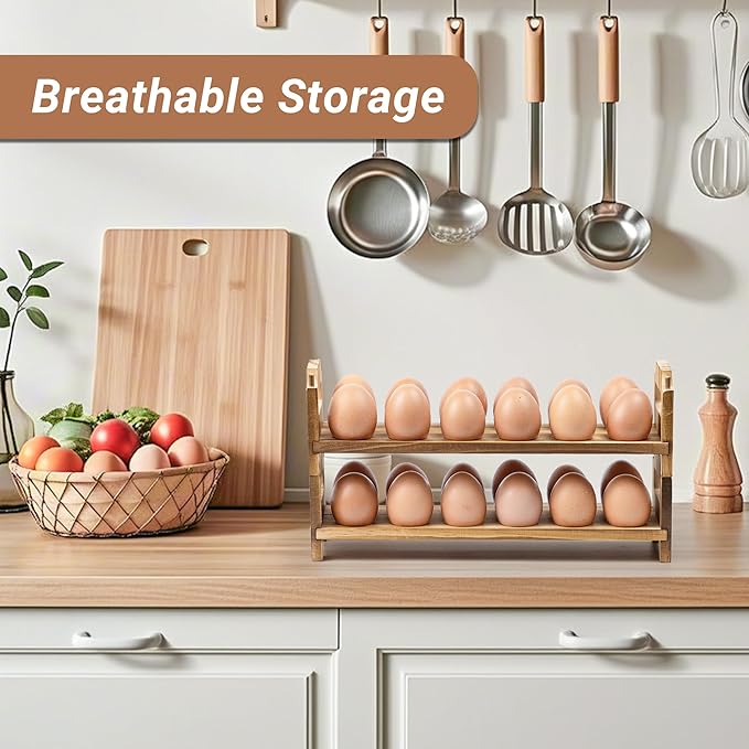 Yuoyar Wooden Fresh Egg Holder Countertop - Stackable egg storage for Gathering Fresh Eggs - 24-Hole Egg Rack for Counter