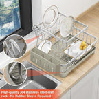 2-Tier Dish Drying Rack for Kitchen Counter, 304 Stainless Steel Dish Rack with Adjustable Drainboard, Removable Utensil Holder & Water Tray, Grey