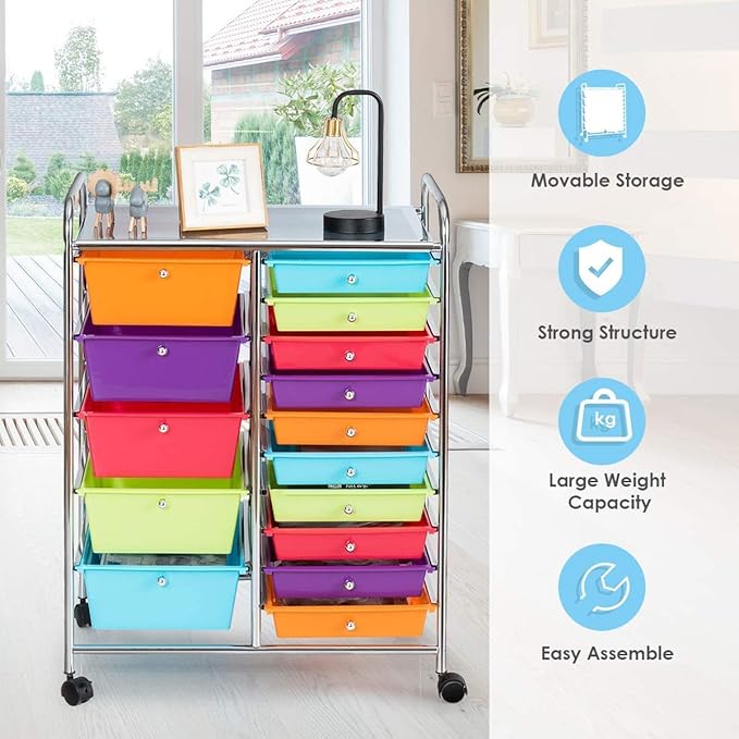 LUARANE Rolling Cart with 15 Drawers, Craft Storage Cart with Portable Handles & Lockable Wheels, Mobile Toys Organizer, Large Capacity Utility Drawer Cart Home Office School Teacher (Multi-colored)