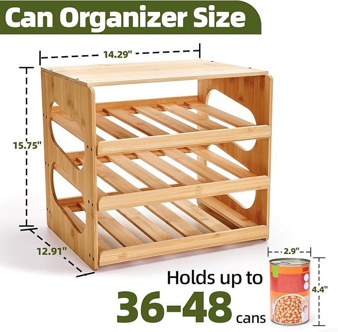 Soup Can Organizer for Pantry, 4 Tier Pantry Can Organizers and Storage, Rolling Bamboo Canned Food Storage for Countertop Kitchen Cabinet