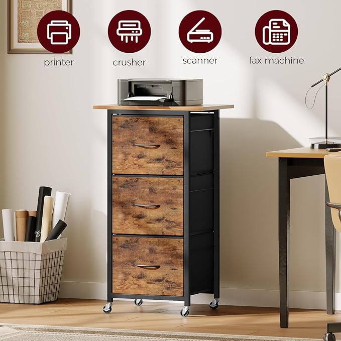 3 Drawer File Cabinet, Vertical Filing Cabinet with Wheels, Printer Stand with Non-Woven Fabric Drawer, Adjustable Hanging Rods, fits A4/Letter Size, for Home Office, Rustic Brown FCHR5901