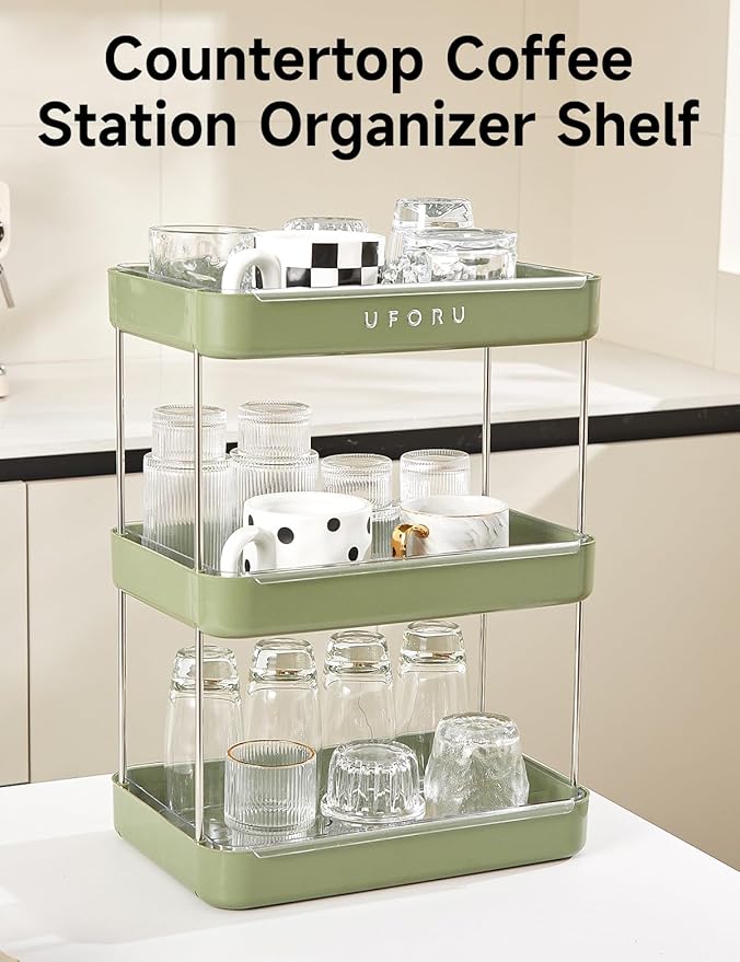Countertop Coffee Station Organizer | 3-Tier Whisky Glass Tray, Mug Drying Shelf with Removable Drain Tray - Easy to Install, Clean - Spice Rack for Kitchen, Bathroom Counter Organzier