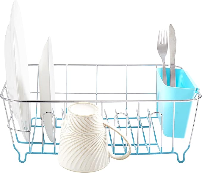 Sweet Home Collection 2 Piece Dish Drying Rack Set Drainer with Utensil Holder Simple Easy to Use Fits in Most Sinks, 14.5" x 13" x 5.25", Turquoise Blue (Pack of 12)