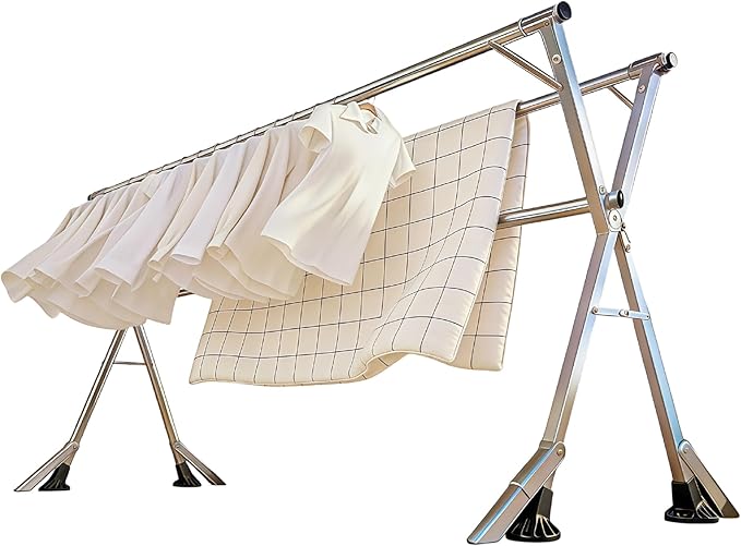 Clothes Drying Rack 95 Inches Folding Indoor Outdoor, Drying Rack Clothing Collapsible Windproof, Foldable Laundry Drying Rack, Heavy Duty Stainless Steel Clothes Rack, Coat rack, 20 Hooks 12 Clips