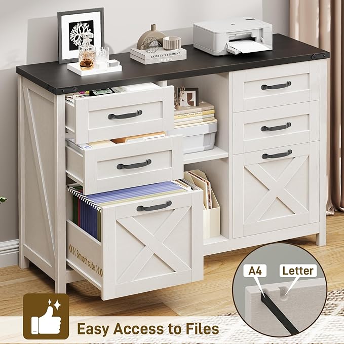 Lateral File Cabinet with 6 Drawers, Farmhouse Filing Cabinet for Letter/A4 Size, Wood File Storage Cabinets Printer Stand with Open Storage Adjustable Shelf for Home Office Cabinets, White and Black