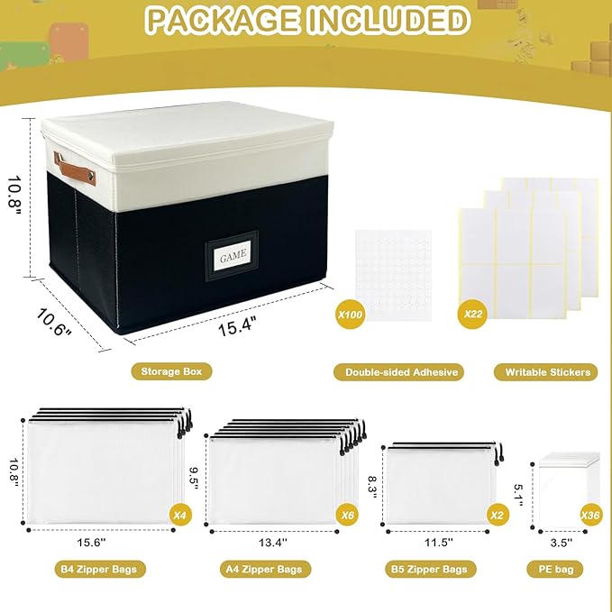 Board Game Storage, Board Game Organizer with 12pcs Zipper Bags and Writable Stickers, Board Organizers Storage with Lid for Office Supplies, Puzzles, Video Game, Craft Product