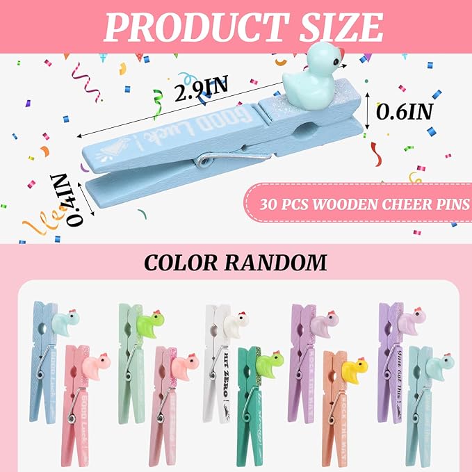 Kigeli 30 Pcs Spirit Clips Cheer Pins Cheerleader Gifts Clothes Pins for Backpacks Competition Glittered for Team Cheer Gifts Stuff Supplies Party Favors Accessories Bulk(Macarons,Duck)
