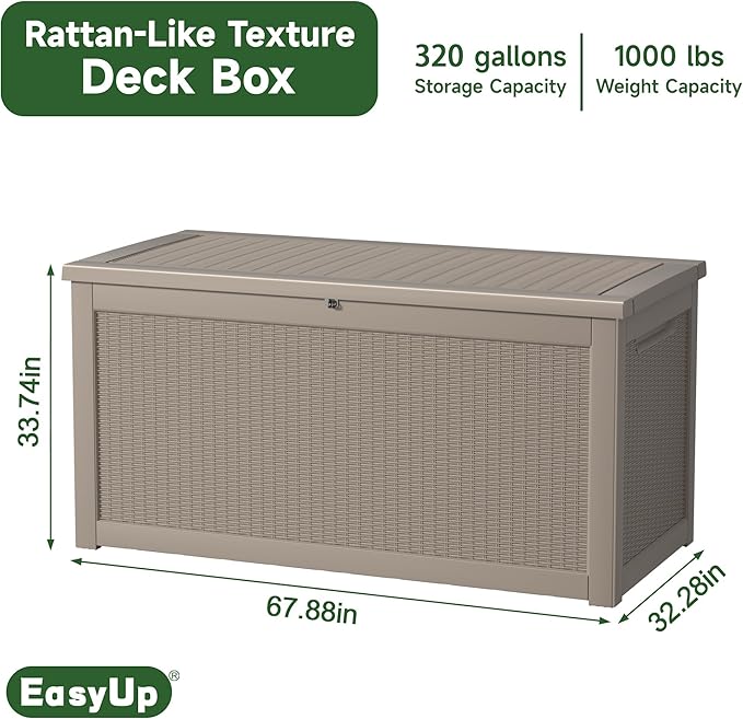EasyUp 320 Gallon Outdoor Storage Box Waterproof, UV Resistant Resin Deck Box with Hydraulic Rod, Reinforced Stability for Patio, Garden, Rattan Gray