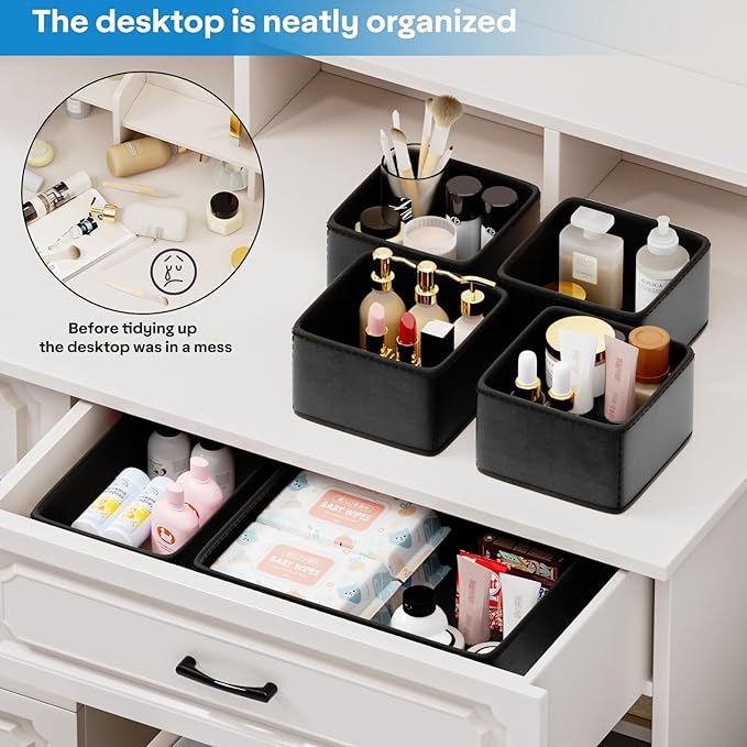 Vegan Leather Drawer Organizers,16 Pack Makeup Storage boxes,Vanity Drawer Luxury upgrade,Bedroom fabric Drawers replacement,bathroom organization and storage Optimal solution