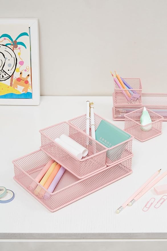 Annova Mesh Stackable Drawer Cabinet and Shelf Organizer Bins Storage Basket School Office Supply Holder Tray- Set of 2 (Light Pink, 6x6x2 Inch)