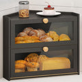 Black Corner Bread Box for Kitchen Countertop, Large Bread Container Storage Bamboo Wooden Farmhouse Bread Box with Window Bread Holder