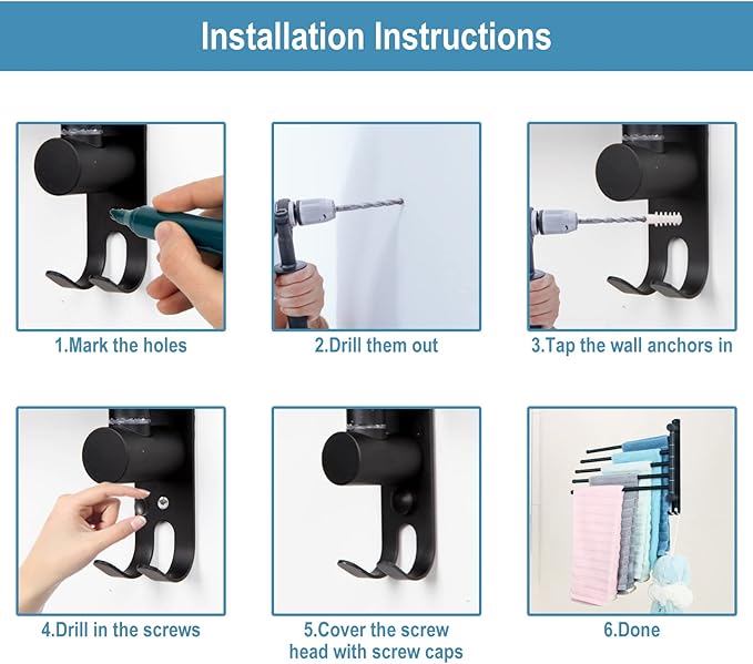Matte Black 6 - Arm Stainless Steel Swivel Towel Rack with Hook: Wall - Mounted, Rustproof Space - Saver for Bathroom & Kitchen - 180° Rotation, 14kg Capacity
