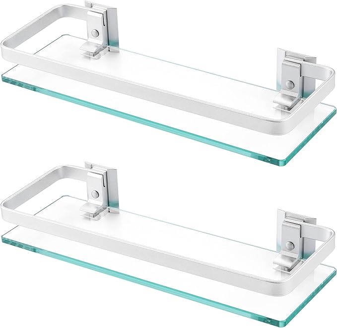 KES Glass Shelves for Bathroom, Floating Tempered Glass Shelves 14 Inch Aluminum Extra Thick 2 Pack Rectangular Storage Organizer Wall Mount Silver, A4126A-P2
