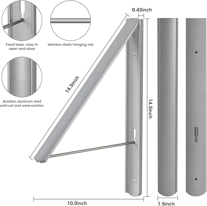 Foldable Clothes Drying Rack, Wall Mounted Retractable Drying Rack Clothes Hanger for Laundry, Bathroom, Balcony Use, Space Saving Laundry Racks and Closet Organizer, Aluminum (Silver)