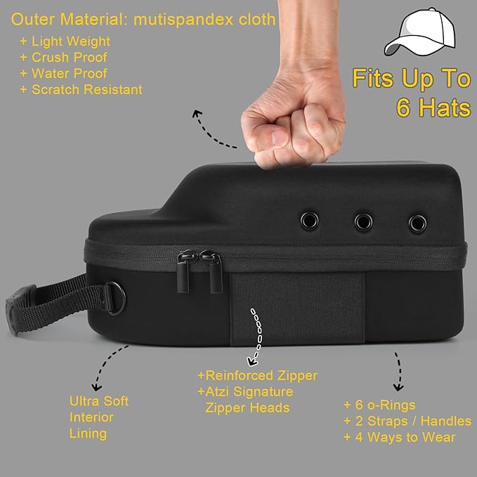 Hard baseball hat case, Hat Carrier Travel Case with Adjustable Shoulder Strap, Hat cap case for 6 Baseball Caps - Perfect for Traveling & At-Home Storage (Black with Purple)
