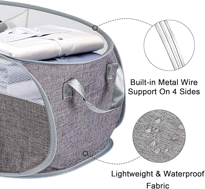 Collapsible Laundry Baskets, 2 Compartment Pop Up Mesh Hamper Foldable 75L Large Capacity Dirty Cloths Basket, Lightweight Foldable Laundry Basket for LaundryRoom, Bathroom or Travel (Grey)