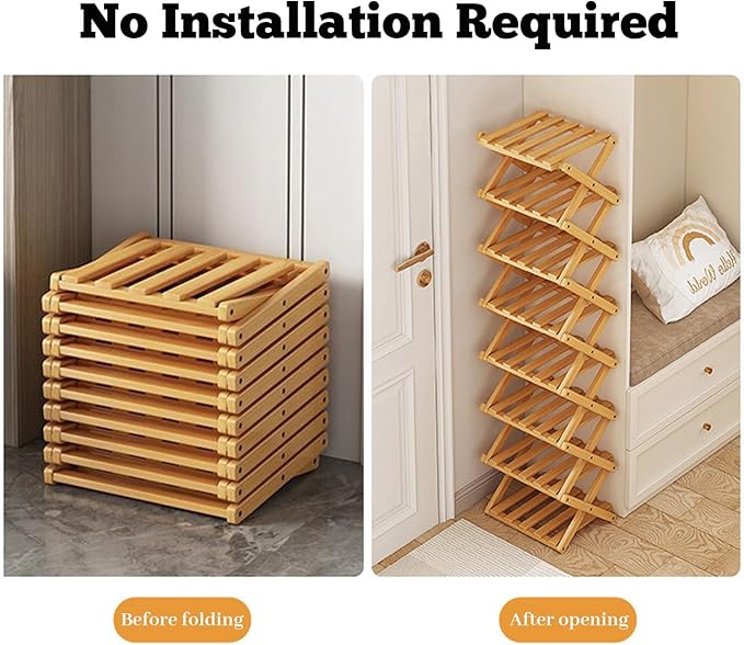 2/3/4/5/6/7/8/9 Tier Bamboo Shoe Rack - Foldable,No Installation Needed,Space-Saving Multi-Tier Storage for Indoor & Balcony Use (Brown,2 Layers)