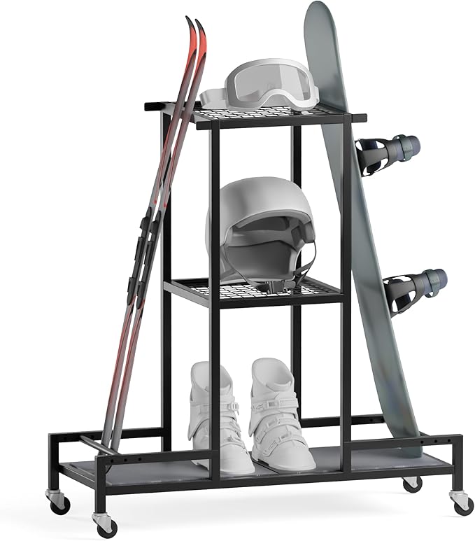 Standing Ski Storage Rack, Holds Snowboards & Skis, 3-Tier Organizer for Gear, Black - Ski Rack for Garage with Anti-Slipmat