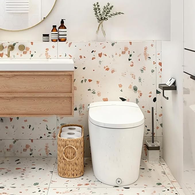Toilet Paper Basket for Bathroom, Large Storage for 6 Mega Rolls, Free Standing Wicker-Style Toilet Paper Holder Organizer, Boho Decorative Bathroom Bin, 15.75" x 6.5" x 9.45" (Nature)