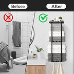 Towel Racks for Bathroom, 3 Tier Metal Towel Holder, with Shelf & 6 Hooks, 29 inch Wall Mounted Towel Storage, 6 Large Bath Towels Capacity,Small Bathroom Towel Rack for Rolled Towels, Black