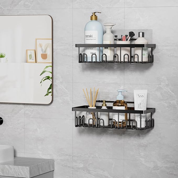 5-Pack Adhesive Shower Caddy, Rustproof Stainless Steel Organizer for Bathroom Storage with Large Capacity, No Drilling Bathroom Caddy with Soap Toothbrush Holder for Kitchen Home Black