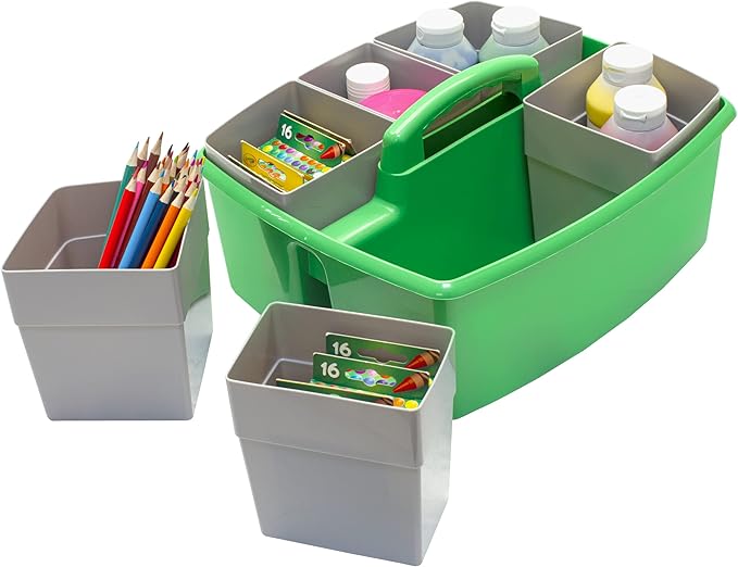 Storex Large Classroom Caddy with Cups, 13 x 11 x 6.575 Inches, Green, Case of 2 (00983U02C)