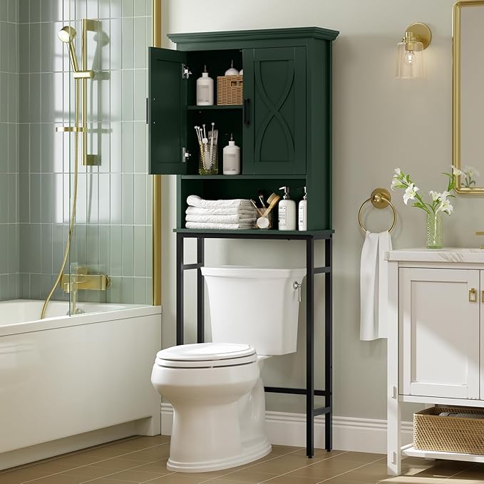 Over The Toilet Storage Cabinet, Over Toilet Storage, Above The Toilet Cabinet with Inner Adjustable Shelf and Open Storage, Forest Green