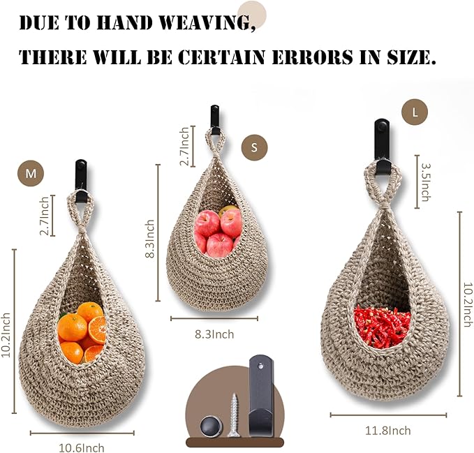 Hanging Fruit Basket Set of 3, Boho Wall Hanging Storage Basket for Organizing, Handmade Teardrop Hammock Holder for Fruit Vegetable in Home & Restaurant Kitchen with Hooks, Light Flaxen