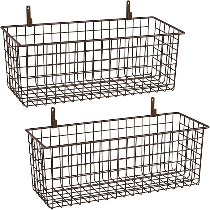 2 Sets Extra Large Hanging Wall Basket, Brown Metal Wire Baskets with Steel Hooks for Organizing, WallmountedFruit Vegetable Toy Snack Storage, Home Kitchen Bathroom Laundry Pantry Organizer