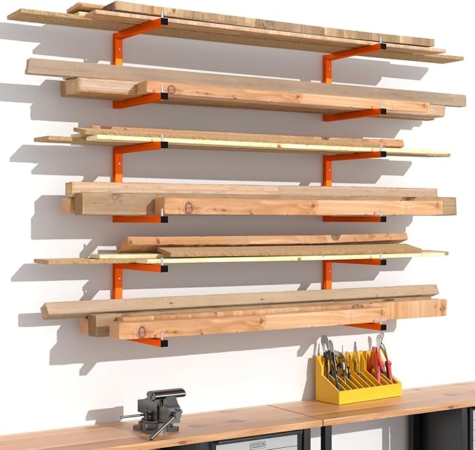 2 Pack Lumber Storage Rack | Wall-Mounted Wood Storage | 2-Tier Heavy-Duty Lumber Rack | 440 lb Capacity Garage Metal Wood Organizer | Indoor/Outdoor Use (2 Pack-2 Level)