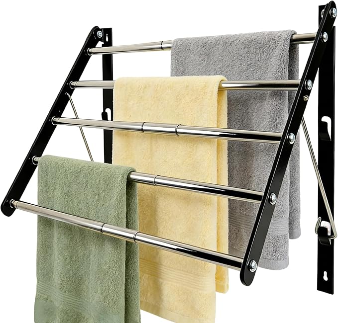 Wall Mounted Drying Rack for Laundry, 13”-23” Retractable Clothes Drying Rack, Space Saving Drying Rack Clothing with 5 Stainless Steel Rods Bathroom, Apartments, Black