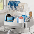 Ewaiira Dish Drying Rack, 2 Tier Large Dish Rack, Stainless Steel Dish Drainer for Kitchen Counter, Dishes Rack with Automatic Drainage, Utensil Holder&Cups Holder,Space Saving Kitchen Organizer,Gray