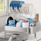Ewaiira Dish Drying Rack, 2 Tier Large Dish Rack, Stainless Steel Dish Drainer for Kitchen Counter, Dishes Rack with Automatic Drainage, Utensil Holder&Cups Holder,Space Saving Kitchen Organizer,Gray