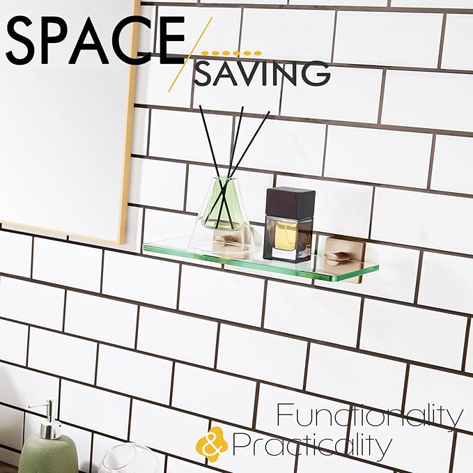 KOKOSIRI Glass Shelf Bathroom Hardware Kitchen Rack 12-Inch Floating Wall Shelves for Living Room, Shower Storage Champagne Bronze Steel B1107CPG-L12