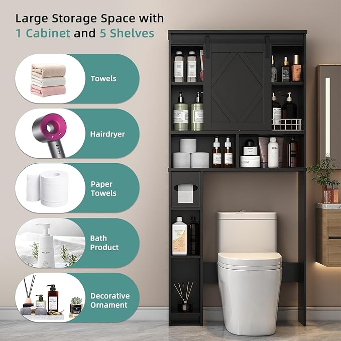Over the Toilet Storage Cabinet with Farmhouse Sliding Barn Door, Above Toilet Organizer with Toilet Paper Holder Stand, Behind Toilet Shelf, Space Saver for Restroom, Bathroom, Laundry, Black
